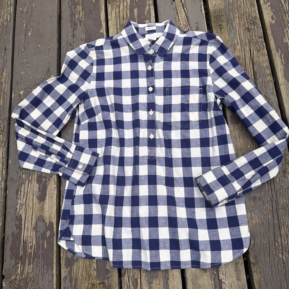 J.Crew Sz S Perfect Fit Buffalo Check Popover Shirt Navy White Western Preppy